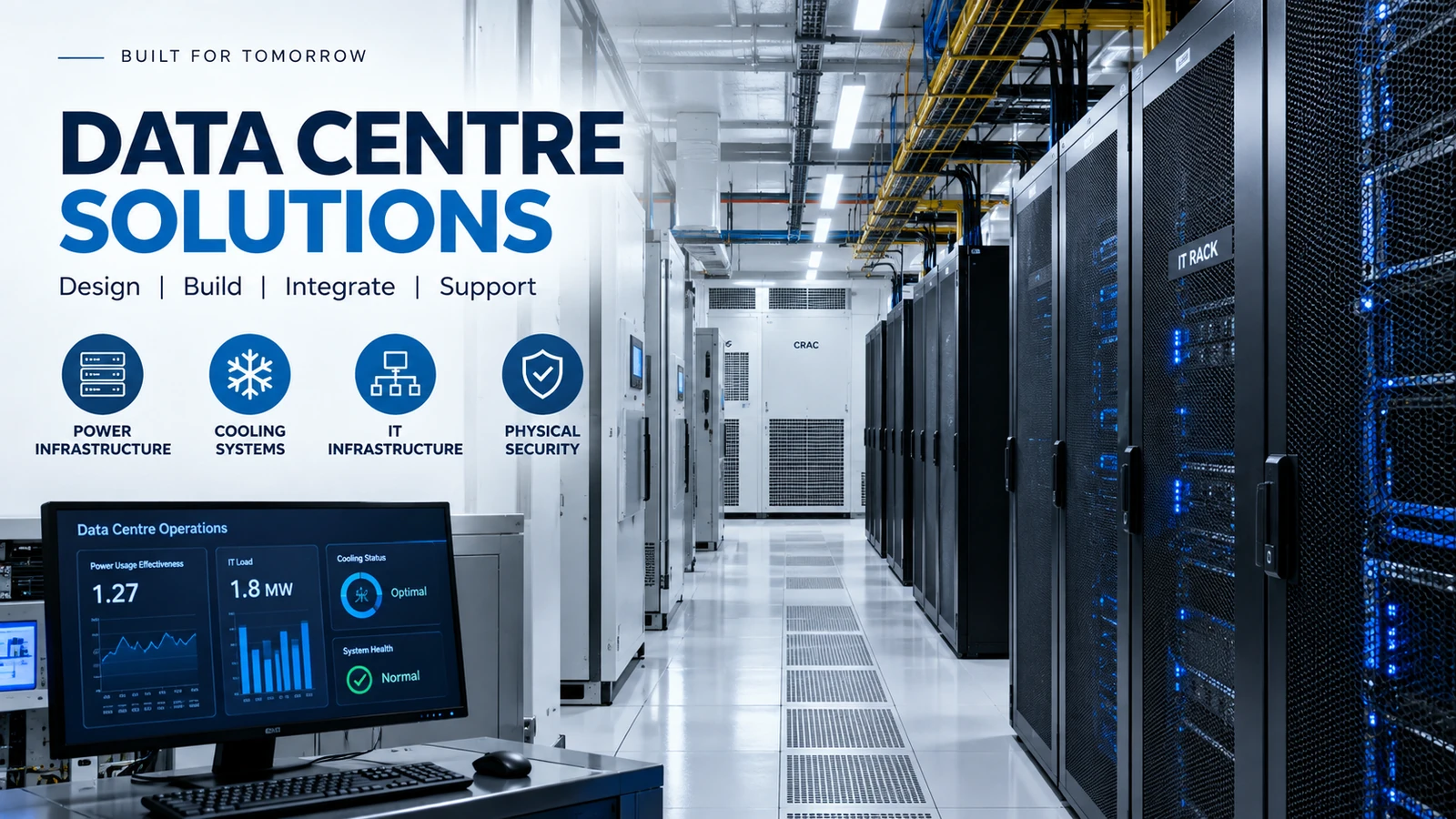 Data centre design and infrastructure infographic showing DC space, electrical, HVAC, fire fighting, ELM, installation and commissioning.