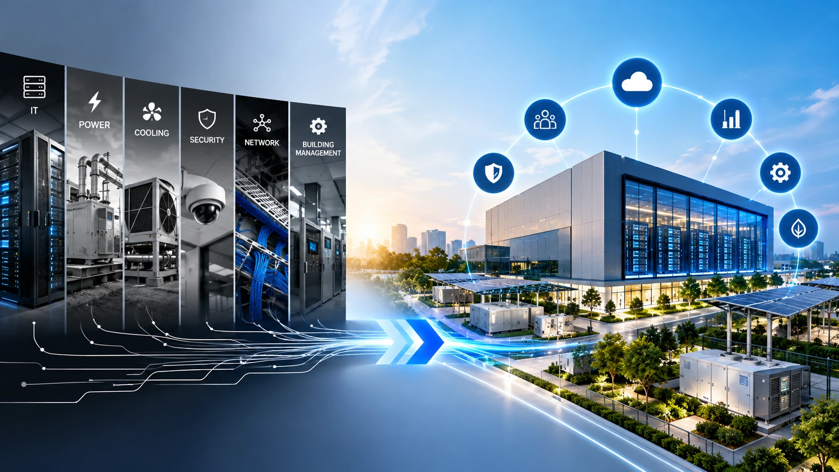 Integrated infrastructure systems converging into a unified technology-enabled facility.