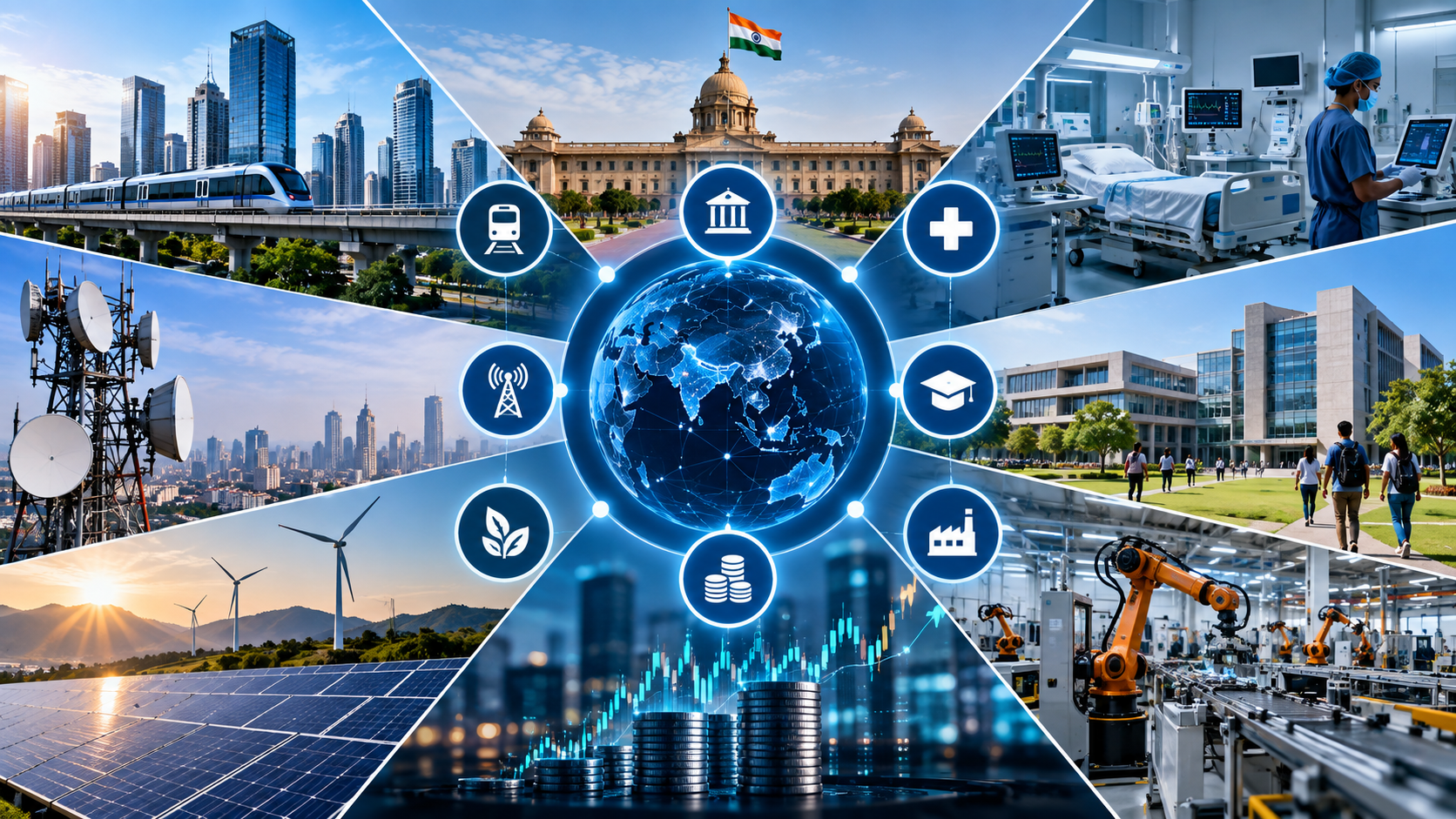 Markets and client environments infographic showing connected sectors including government, healthcare, education, finance, manufacturing, telecommunications and renewable energy.